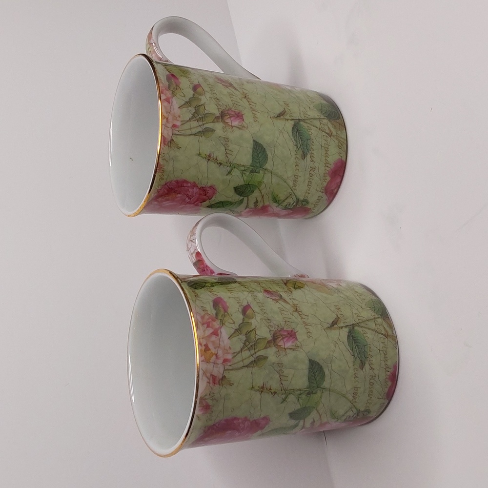 Nina Campbell 2 mugs wild rose green pink floral vintage feminine gift drinks